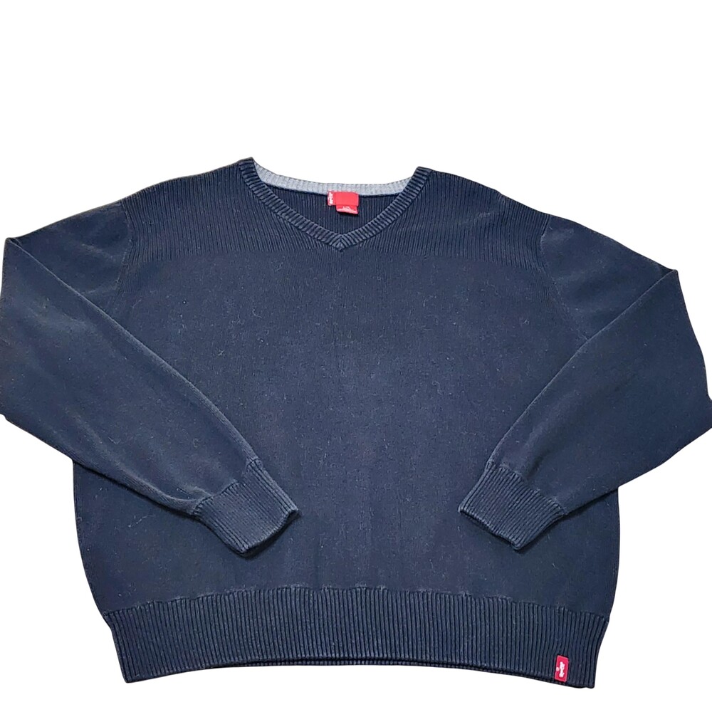 Levi's Sweater Mens Large Blue Solid V Neck Knit Pullover Casual Logo Stretch
